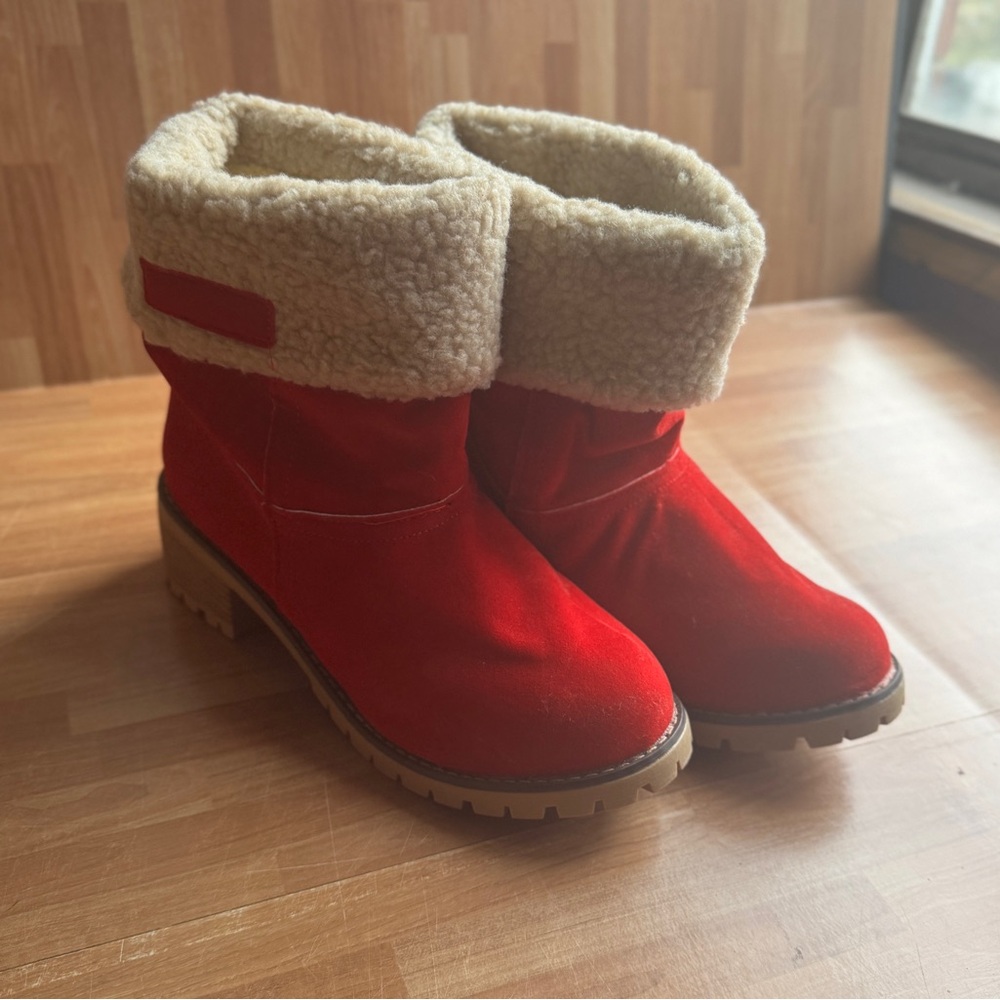Red suede like heeled booties with Sherpa like trim size 8.5